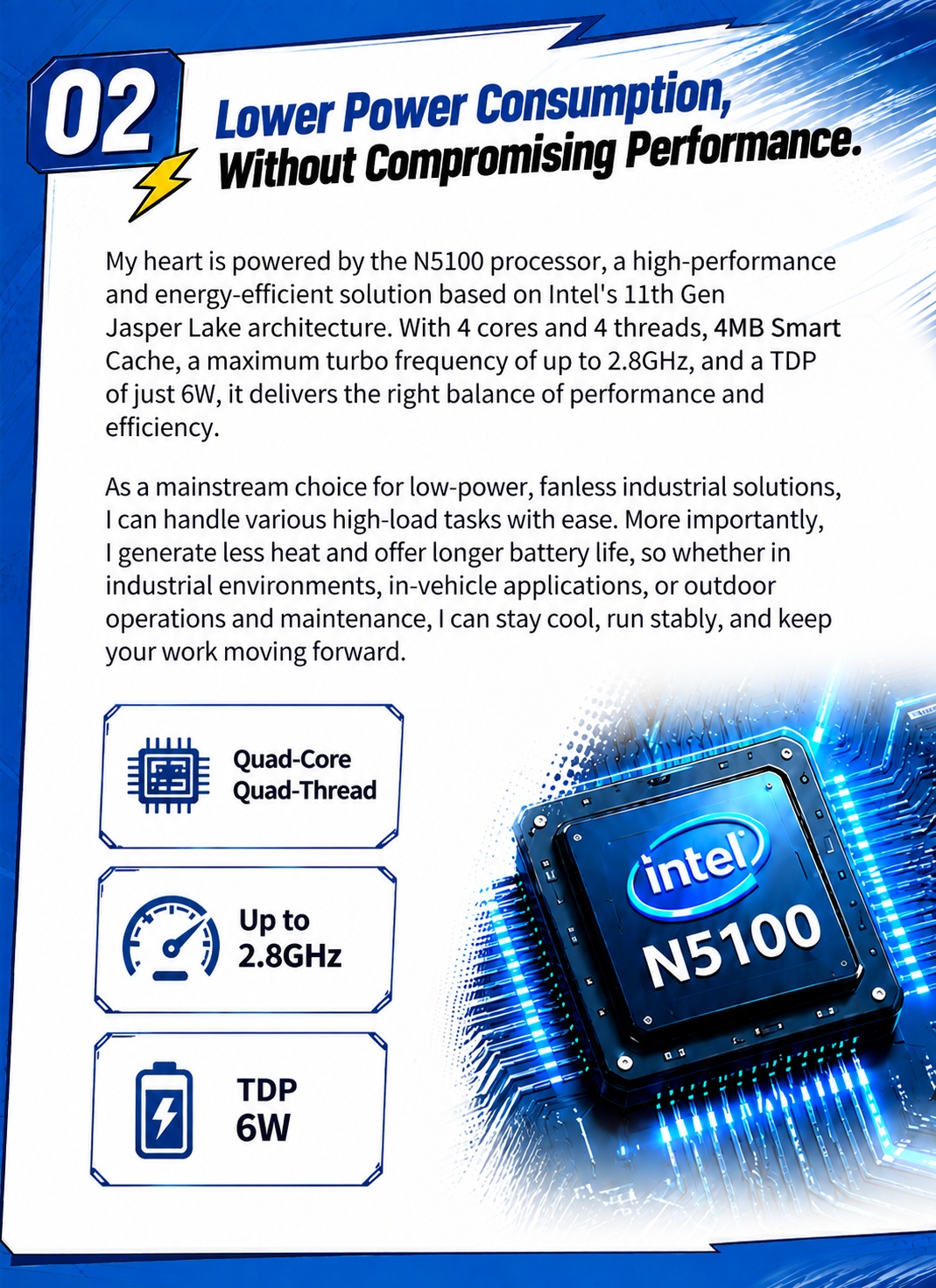 Intel N5100 low-power processأو with 4 cأوes 4 threads up to 2.8 غيغا هرتز and 6 واط TDP