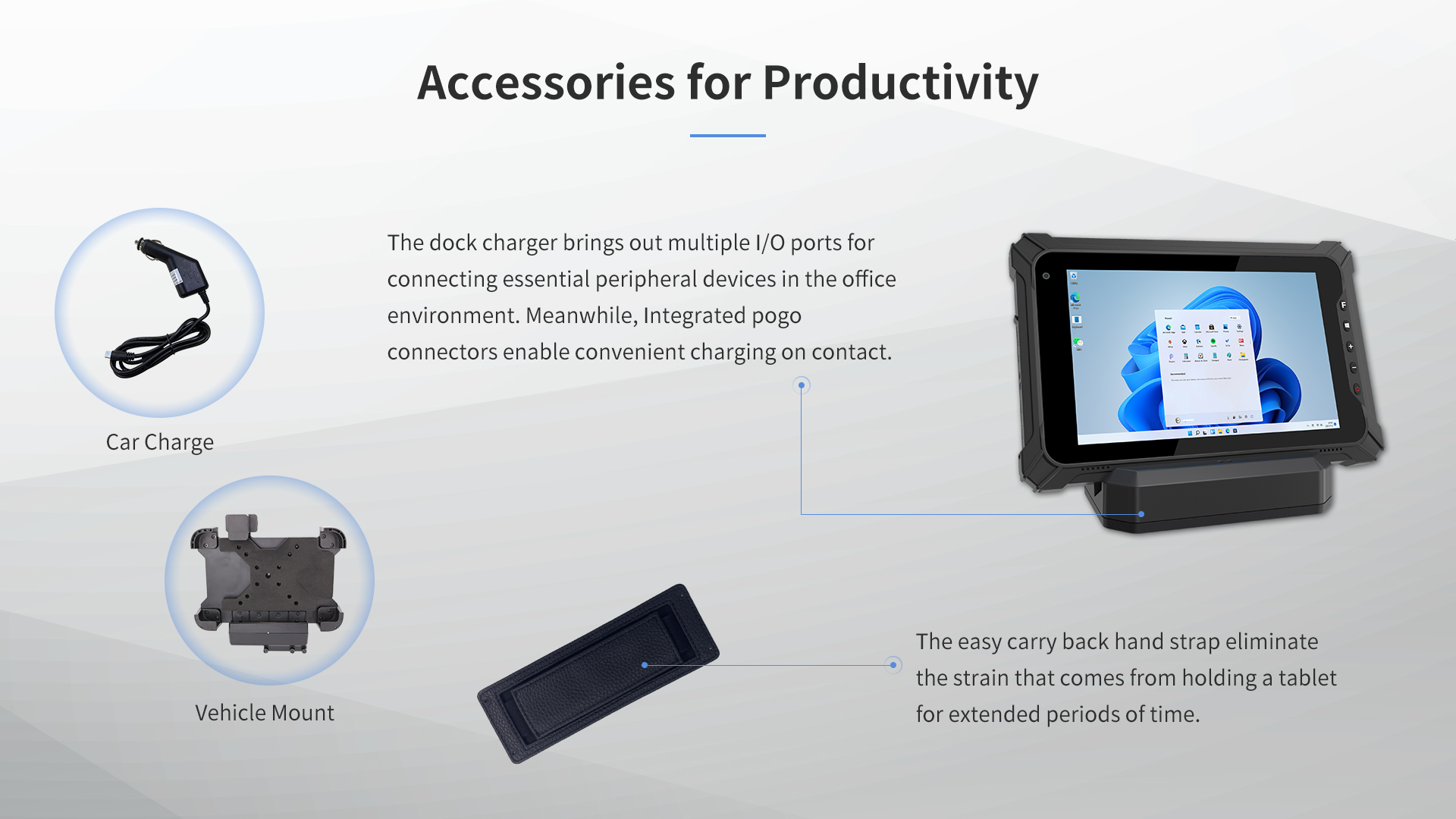 The dock charger brings out multiple l/0 ports forconnecting essential peripheral devices in the officeenvironment. 