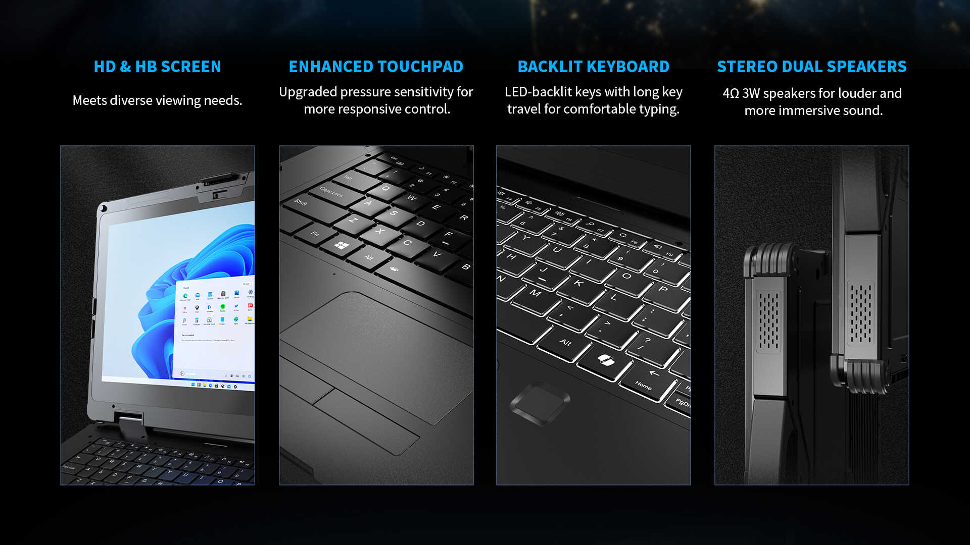 A feature collage of the laptop's user experience components, including its HD screen, enhanced touchpad, backlit keyboard, and stereo dual speakers.