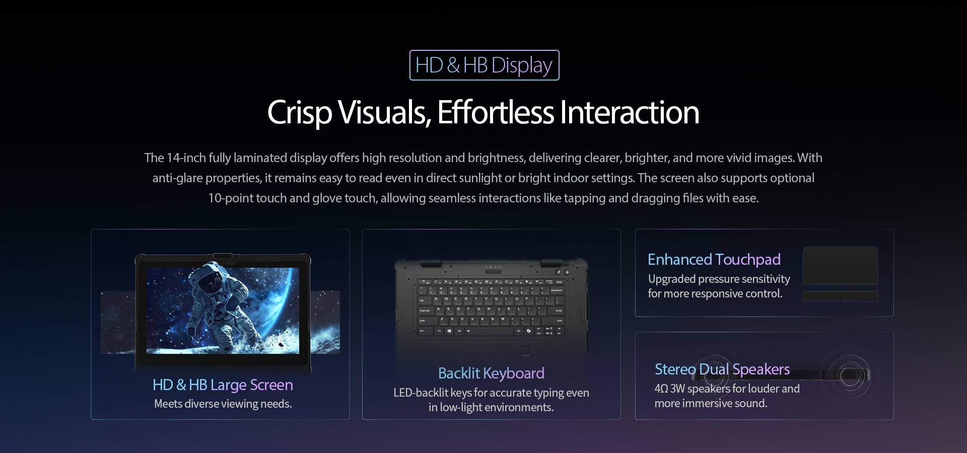 Feature highlights for a 14-inch laptop, showing its sunlight-readable HD display, backlit keyboard, and enhanced touchpad for effortless interaction.