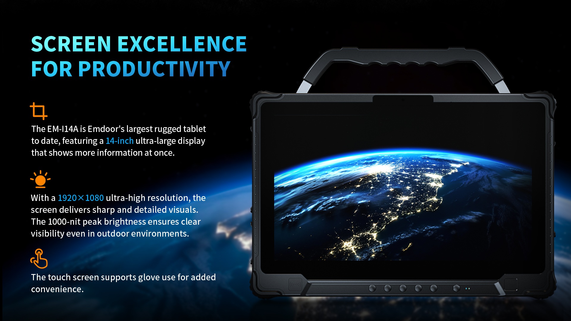An overview of the EM-I14A rugged tablet's screen, highlighting its 14-inch size, 1000-nit sunlight-readable brightness, and glove-compatible touch panel.