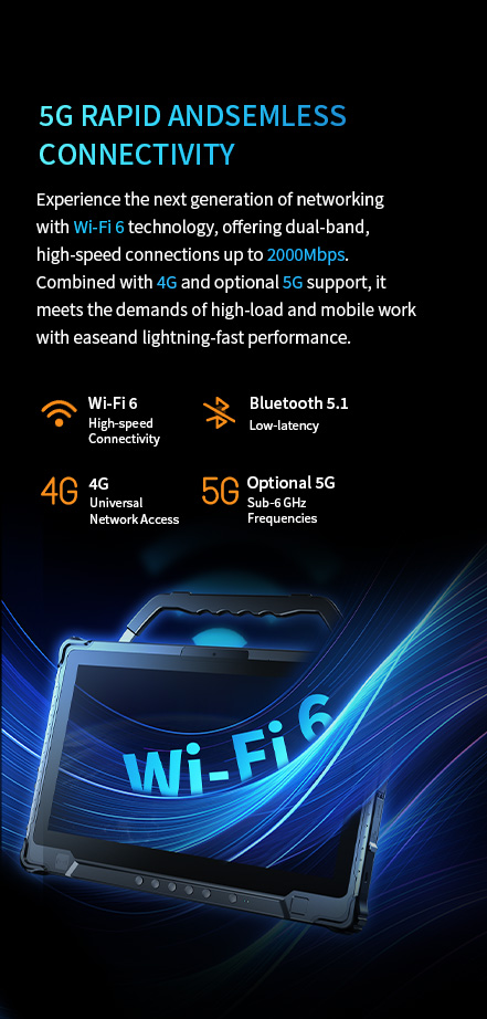 A graphic detailing the tablet's rapid and seamless connectivity, featuring Wi-Fi 6, Bluetooth 5.1, 4G LTE, and optional 5G support.