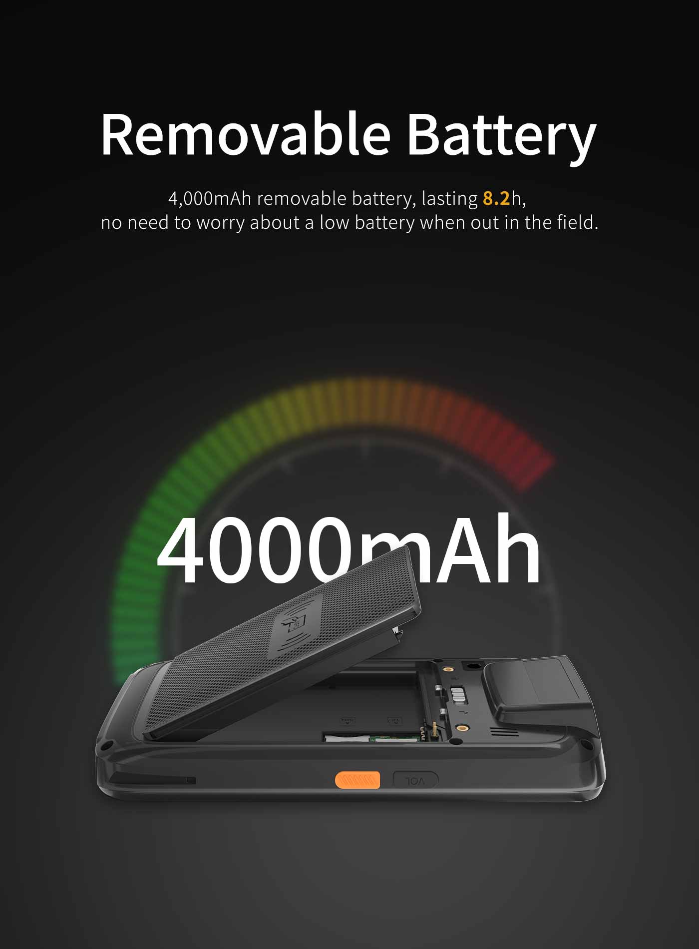 4,000mAh removable battery, lasting 8.2 h,no need to worry about a low battery when out in the field