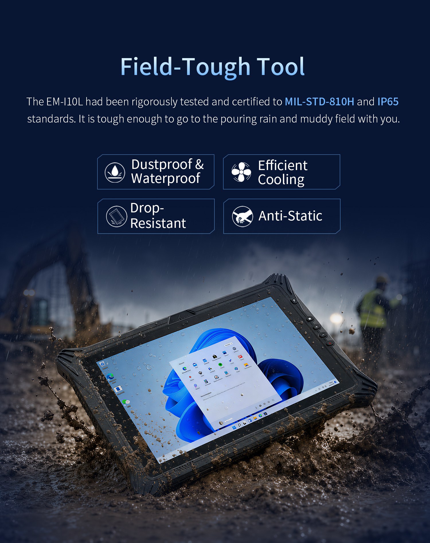 EM-I10L rugged Windows tablet with MIL-STD-810H IP65 dustproof waterproof and drop resistant protection
