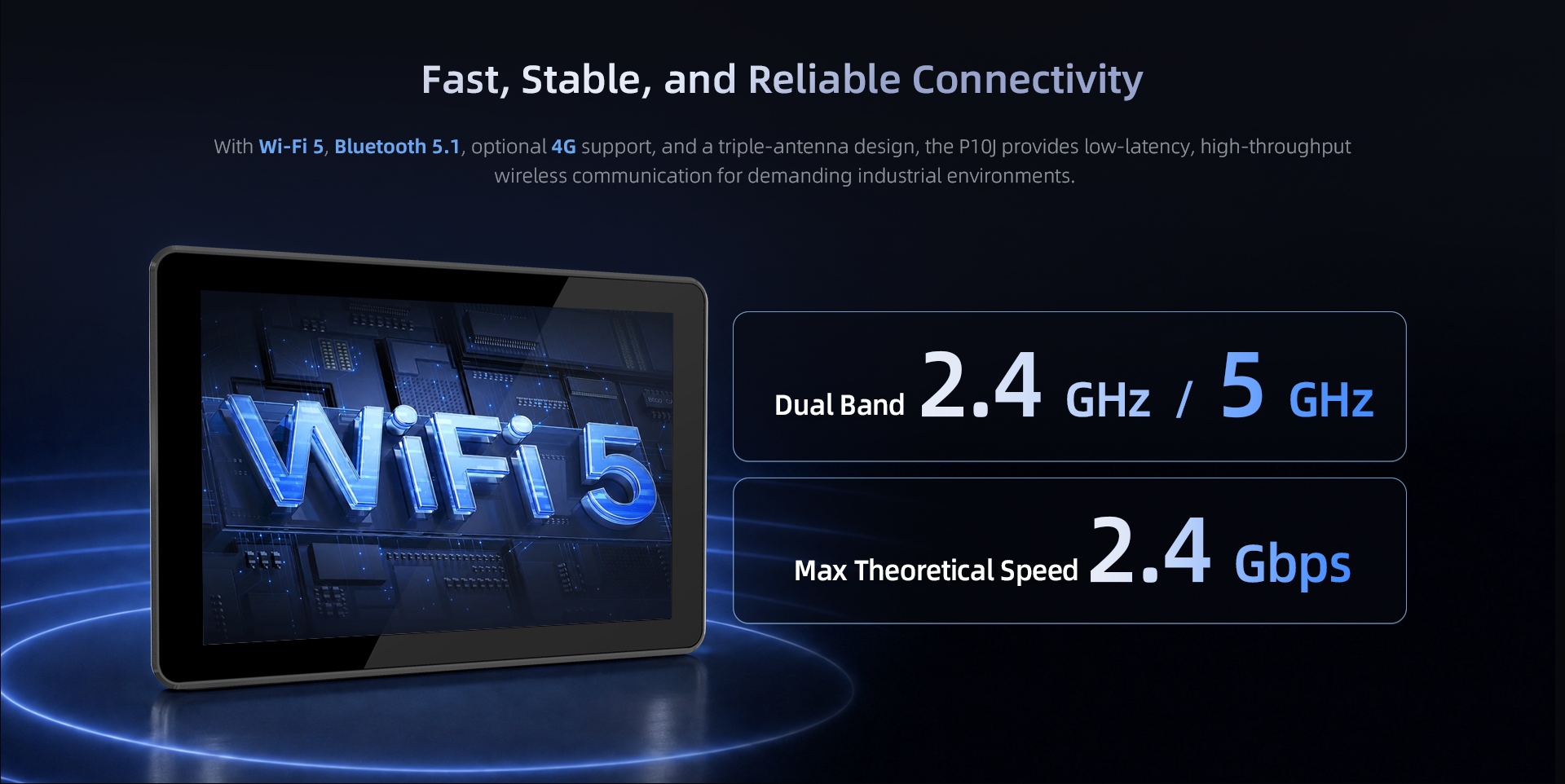 P10J industrial panel PC with Wi-Fi 5, Bluetooth 5.1 and optional 4G LTE connectivity